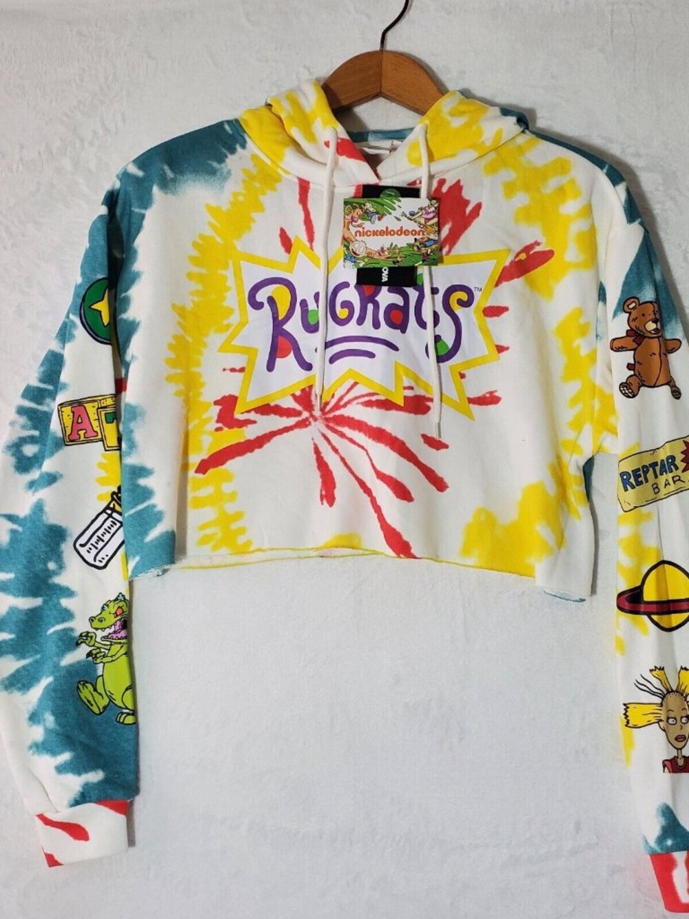 Nickelodeon Rugrats Hoodie Women's Size L White Tie Dye Cropped Pullover